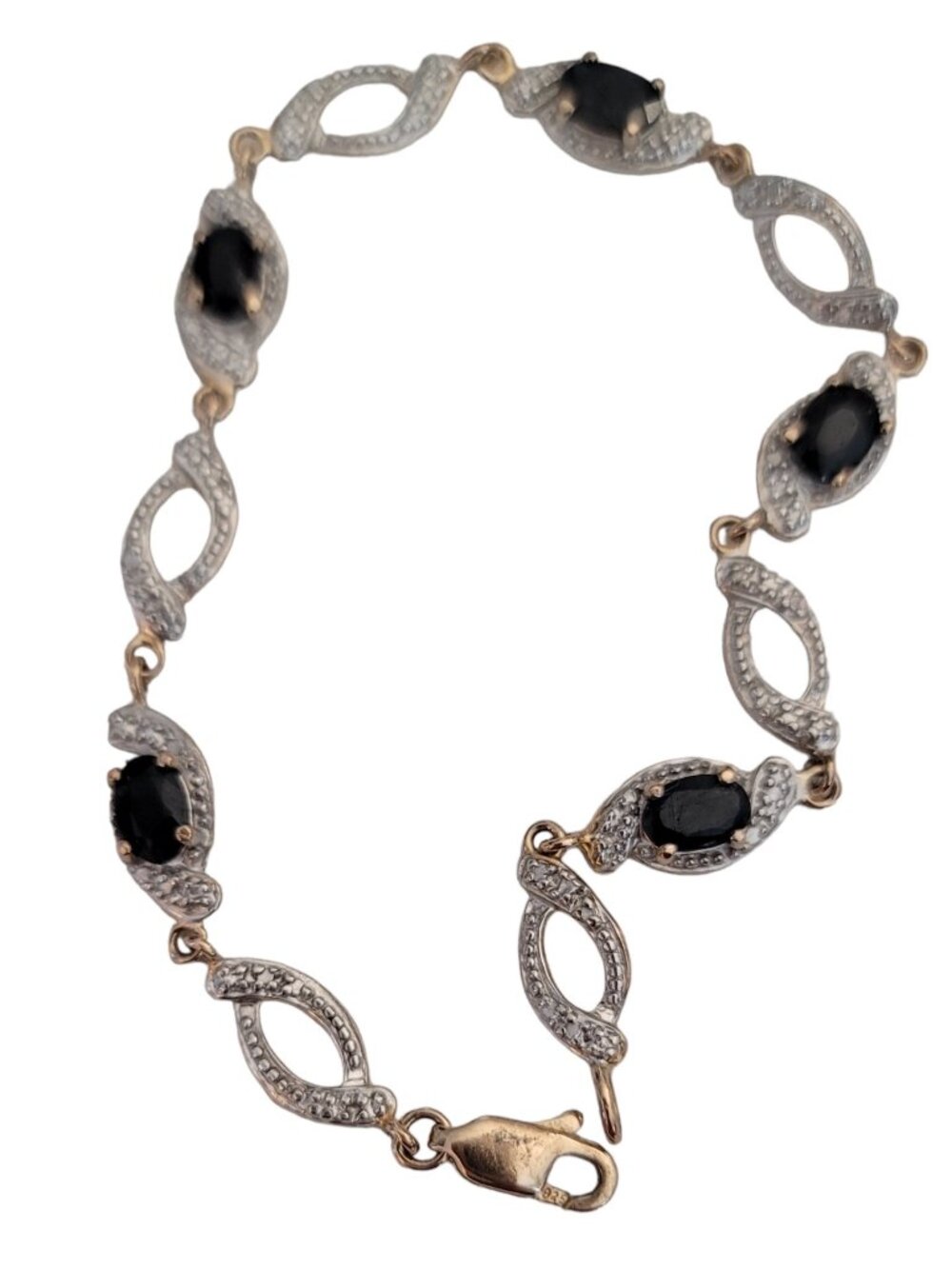 Sterling Silver 925 Gold Black Lucite Cab Rhinestone Bracelet, 7.25" Long M974